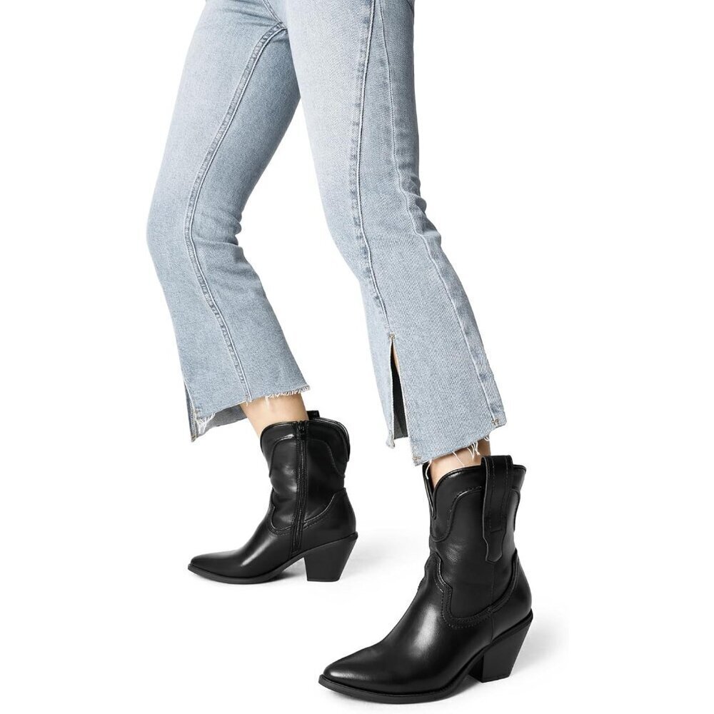 🆕Women's Black Faux Leather Cowboy Ankle Boots Chunky Heel Pointed Toe - Picture 5 of 7